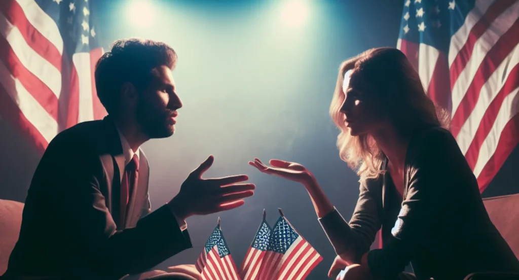 Two people discussing a political topic with American flags in the foreground.