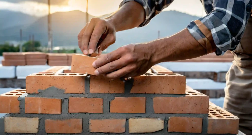 A brick wall being constructed with trust, honesty, and shared dreams as the building blocks, representing the strength and solidity of a relationship built on these values.