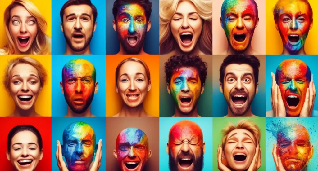 Vibrant display of diverse emotions, celebrating the beauty of emotional diversity among individuals.