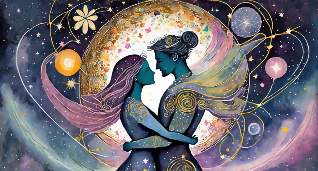 A representation of unconditional love: two figures embracing, surrounded by cosmic elements, indicating boundless acceptance and loyalty.