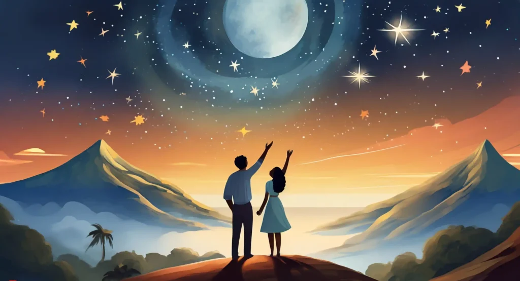 Imagery showcasing a couple reaching for the stars, symbolizing their journey towards an epic and enduring love story.