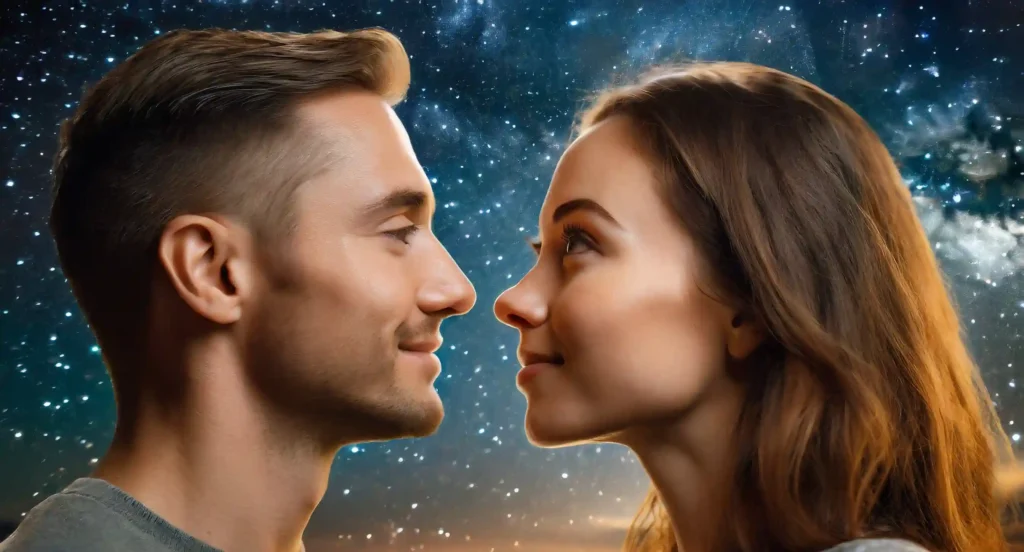 Two individuals gazing into each other's eyes against a backdrop of a starry sky, symbolizing an intense, soulful connection.