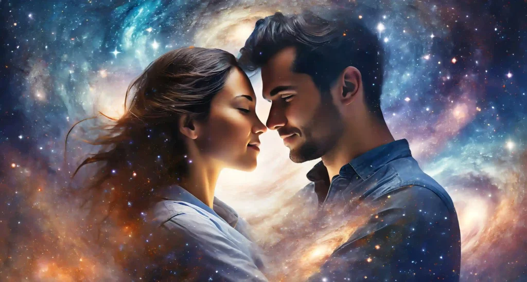 Embraced couple surrounded by swirling galaxies and stardust, symbolizing cosmic love and destiny in relationships.