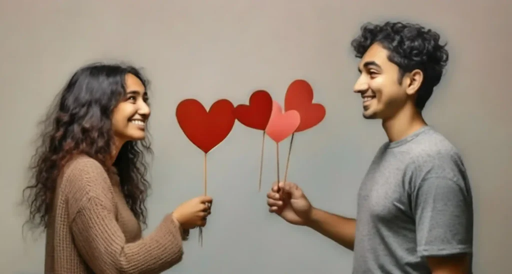 Two people engaging in conversation with speech bubbles containing hearts and playful cues on one side, while the other side remains empty or responds with indifference. Illustrating unreciprocated flirtatious attempts.