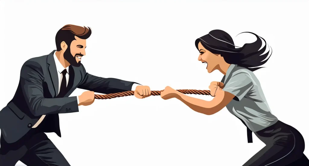 Two people engaged in a tug-of-war, symbolizing the power struggle and uneven dynamics of a forced relationship.