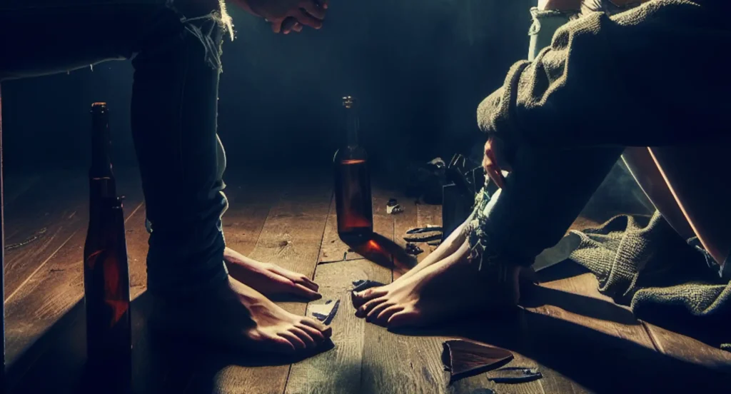 Two people sitting on the floor with alcohol and cards in a dark room.