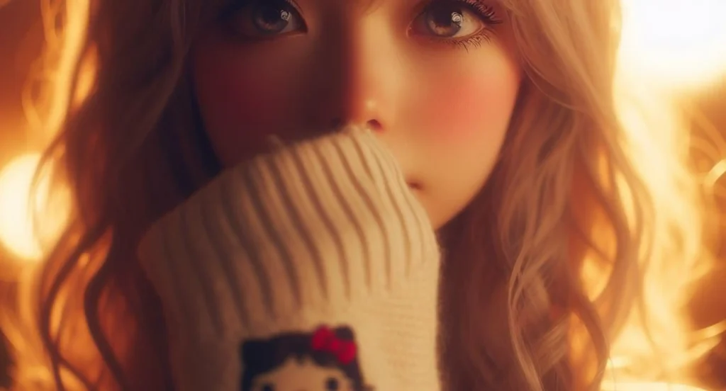 A girl with blue eyes wearing a Hello Kitty sweater, reflecting confusion as your ex expresses a desire to reconcile.