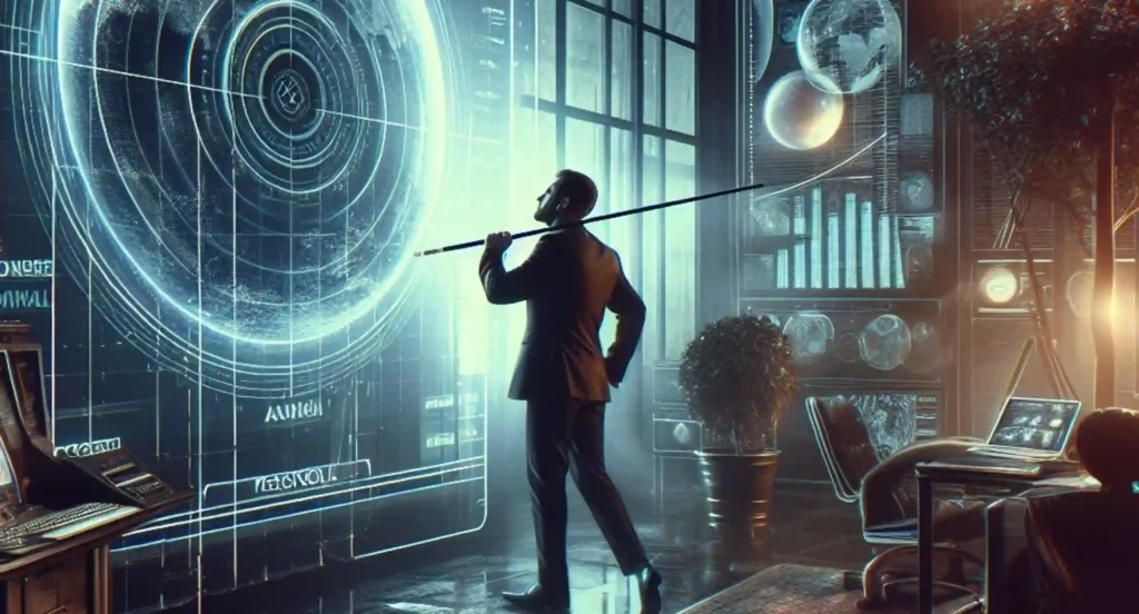 A man in a suit stands in front of a futuristic room. The image may depict an insecure girlfriend.