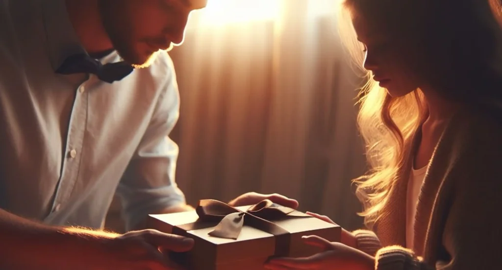 A man nervously presents a gift box to a woman, symbolizing his insecurity in their relationship.