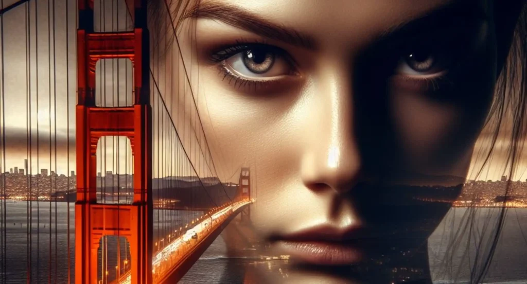 A woman with blue eyes standing in front of the iconic Golden Gate Bridge, portraying an insecure girlfriend.