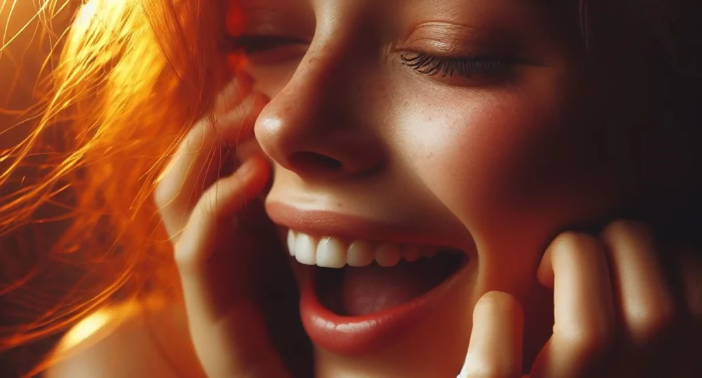 A woman with red hair laughing, expressing joy and amusement.