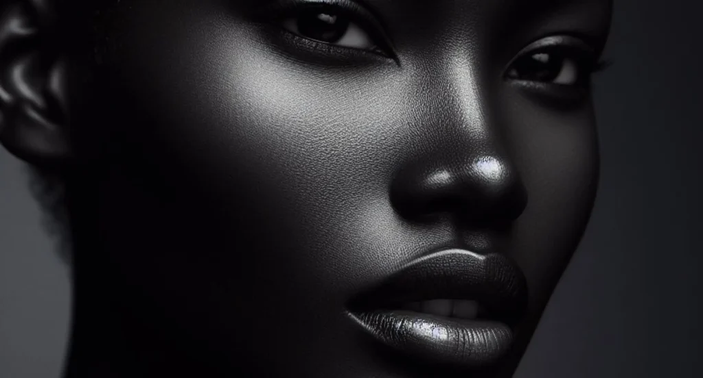 n image of a black woman with a glossy face, reflecting her feelings of insecurity within her relationship.