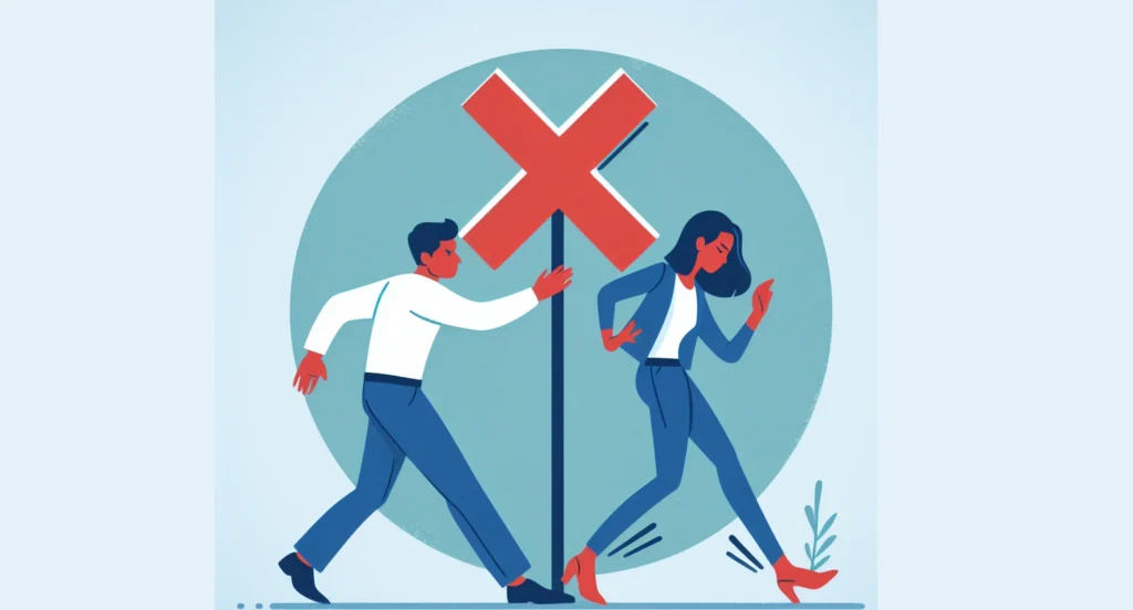 Illustration depicting the pitfall of being too pushy or critical in a relationship, marked with a red cross to signify avoidance.