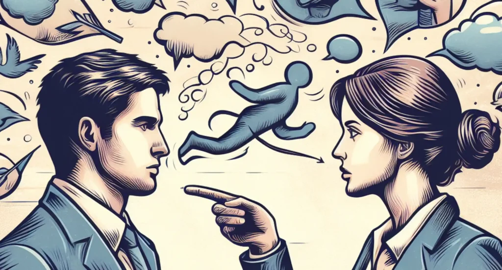 Image portraying a couple actively avoiding miscommunication, highlighted by clear speech bubbles and understanding gestures. 