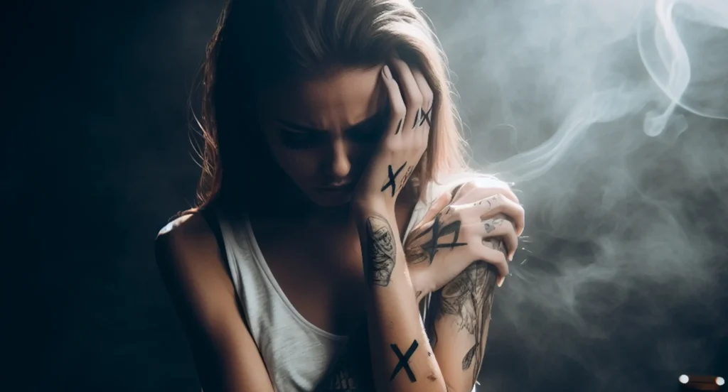 A tattooed person covering their face with hands in a smoky and dark setting.