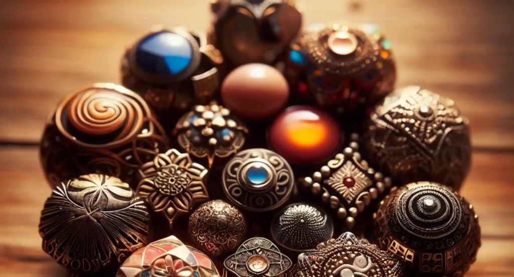A variety of colorful buttons arranged on a wooden table.