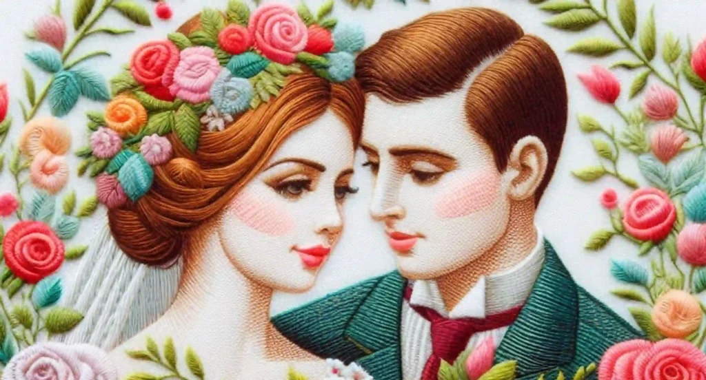 Embroidery design of a bride and groom, capturing their love and commitment, despite feeling insecure in their relationship.
