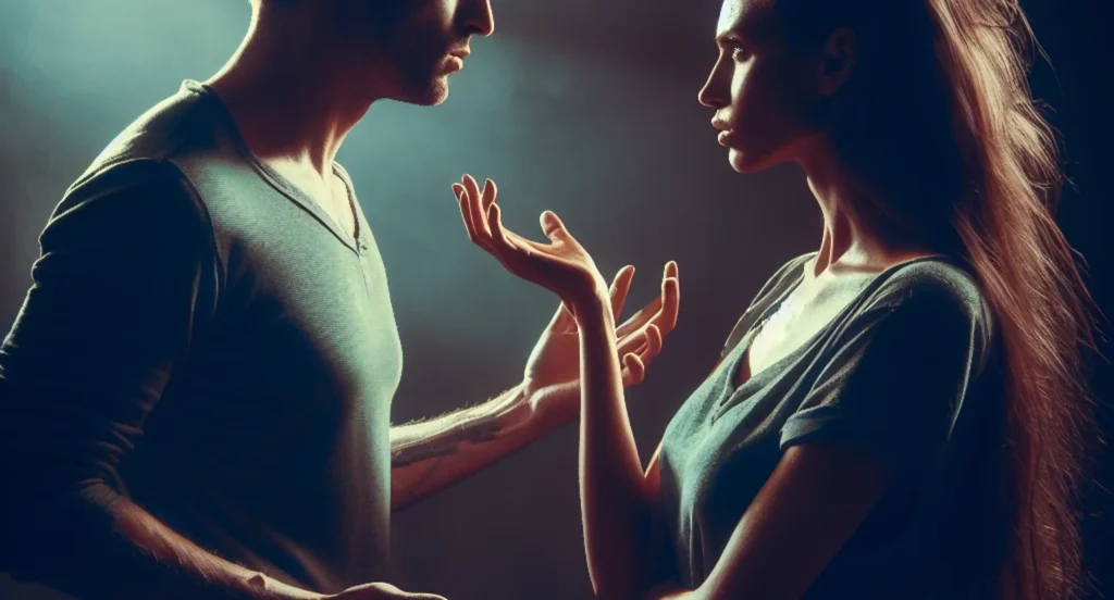 Intense conversation between two individuals, with dramatic lighting and a dark background.