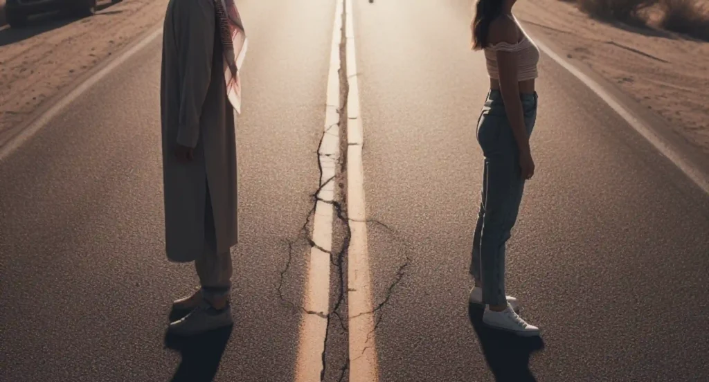 Two individuals standing on the roadside, seemingly affected by a breakup in their relationship.