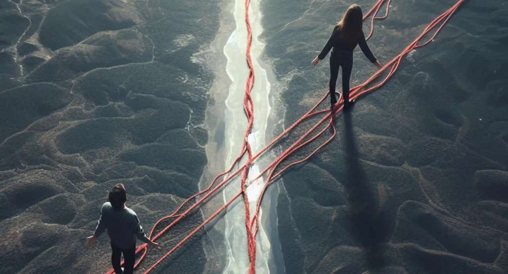 Two individuals walking on a row of red lines.