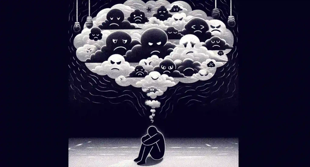 This is a monochromatic illustration that depicts a person sitting alone on the ground, their head resting on their knees. Above the person, there’s a large cloud filled with various faces expressing different emotions; some appear sad or angry. The cloud seems to be emanating from the person’s head, suggesting it represents their thoughts or emotions. The background is dark and minimalistic, putting focus on the central elements .