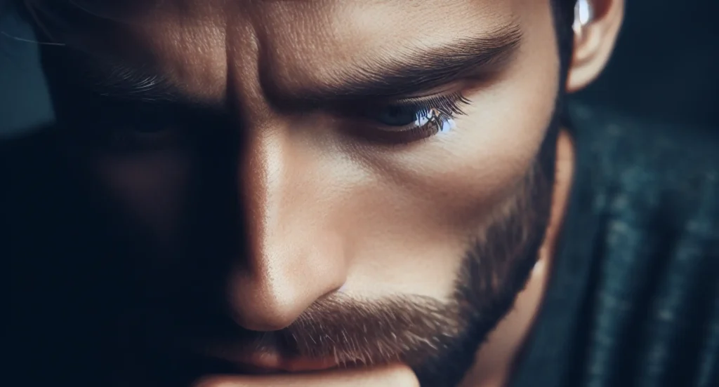 Close-up portrait of an individual with detailed eyelashes, eyebrows, and a well-groomed beard, highlighted by moody and dramatic lighting against a dark background.