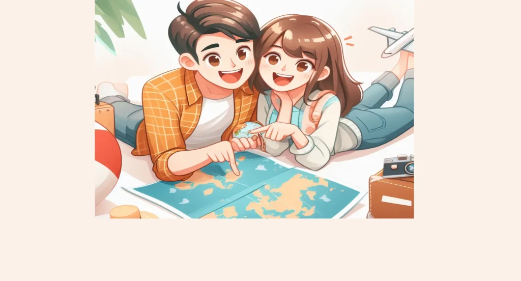A couple excitedly planning a dream vacation together, symbolizing shared future planning and commitment.