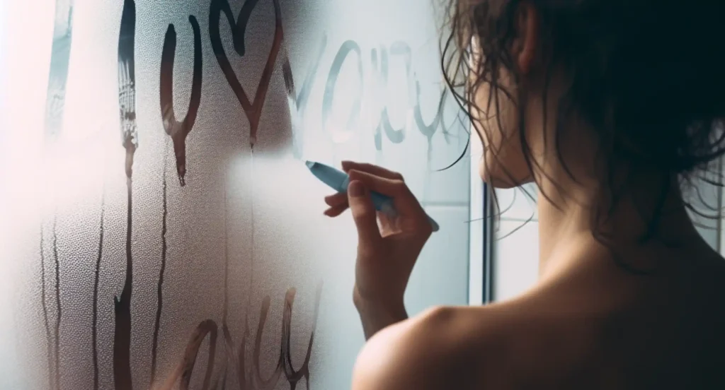 A romantic gesture like writing "I love you" on a bathroom mirror, illustrating small acts of love making a partner feel special.