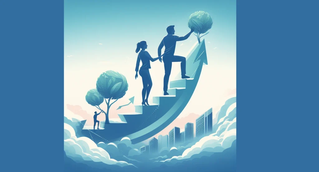 A visual representation of personal growth, such as a couple supporting each other's individual pursuits and ambitions, highlighting the importance of evolving together.