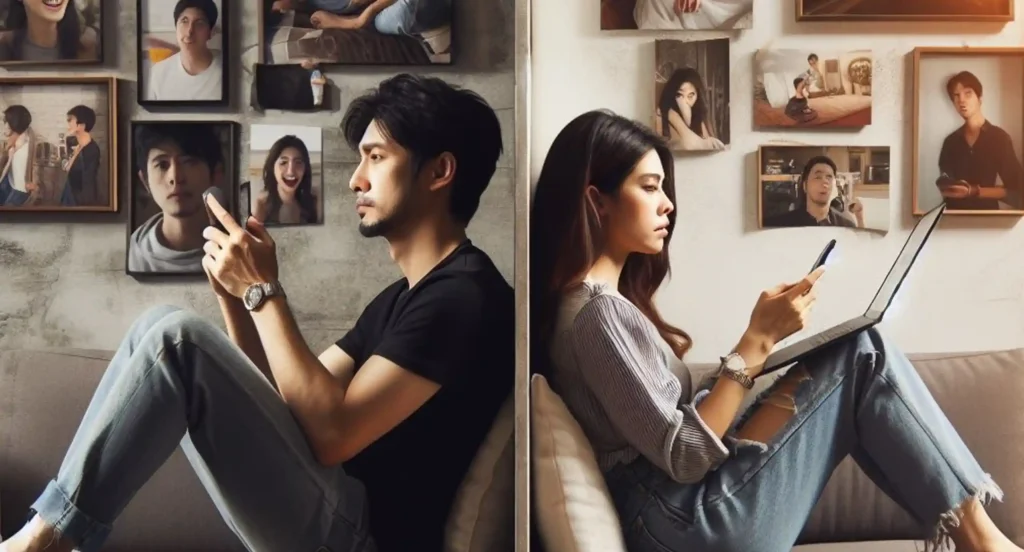 A couple in a long-distance relationship sitting on a couch, engrossed in their laptop, symbolizing love and connection.