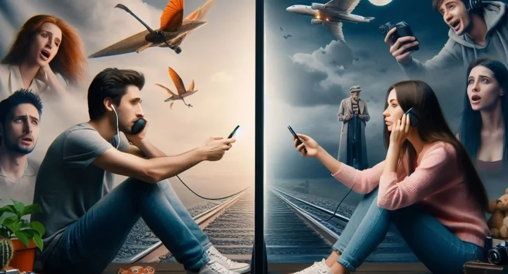A couple sits on a train track, with a bird soaring in the background, symbolizing love in a long-distance relationship.