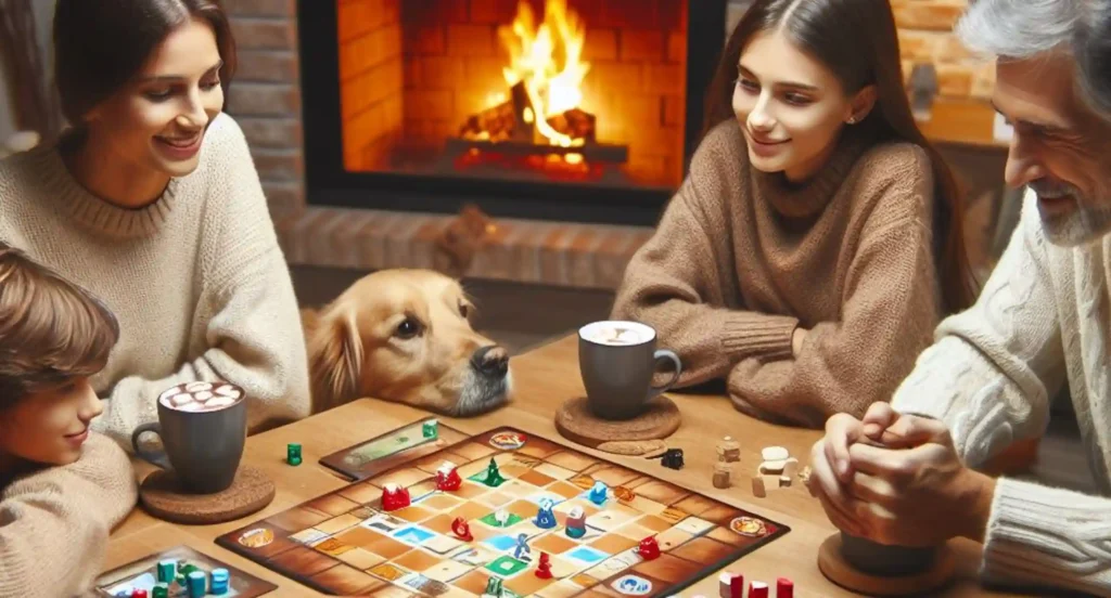 A family enjoying a board game by the fireplace, cherishing moments of togetherness despite being in a long-distance relationship.