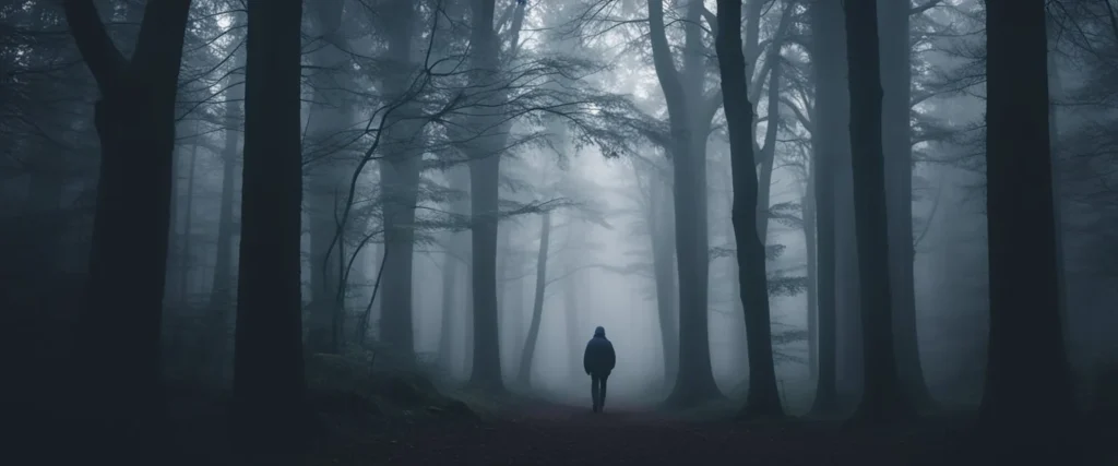 A person walking through a dark, foggy forest with a sense of unease and uncertainty in the air