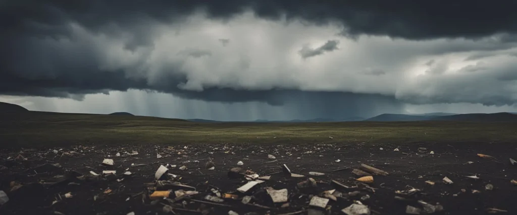 A stormy sky looms over a deserted landscape, with scattered debris and broken objects. The atmosphere is tense and unsettling, evoking a sense of unease and distress