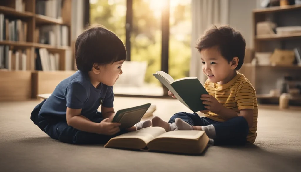 A young child eagerly holds a book while sitting next to a baby, symbolizing the ideal age gap for siblings in a warm and nurturing environment