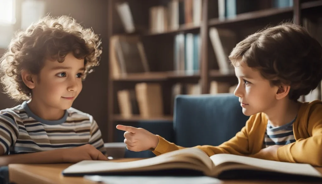 Two children of different ages reading a book together, one pointing at a question mark while the other looks on with curiosity
