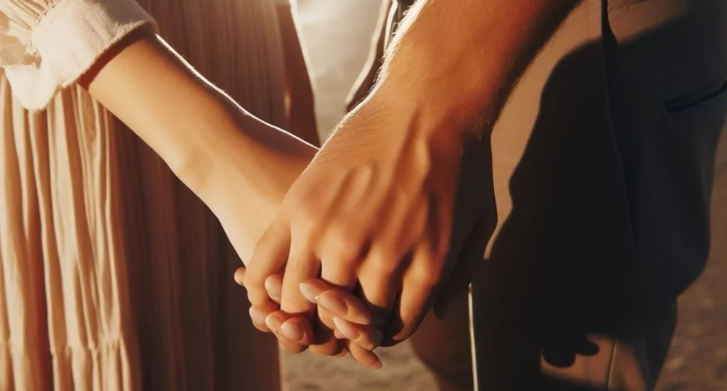 Two people in a long-distance relationship express their love by holding hands closely.